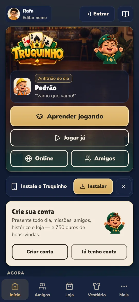 Tela inicial do Truquinho com o botão Aprender jogando
