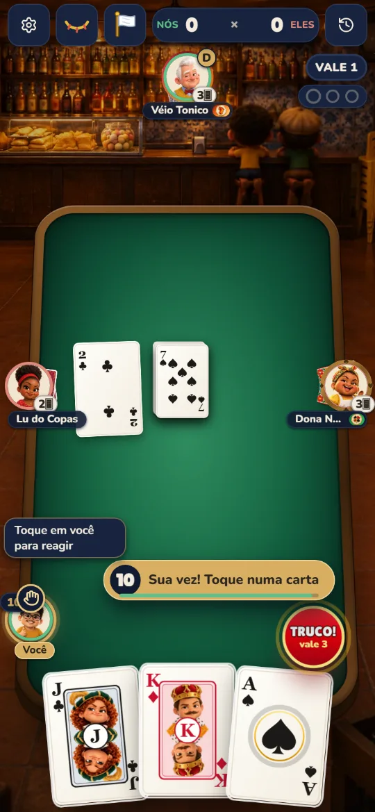 Mesa de truco 2x2 contra bots com as cartas na mão e o botão de truco