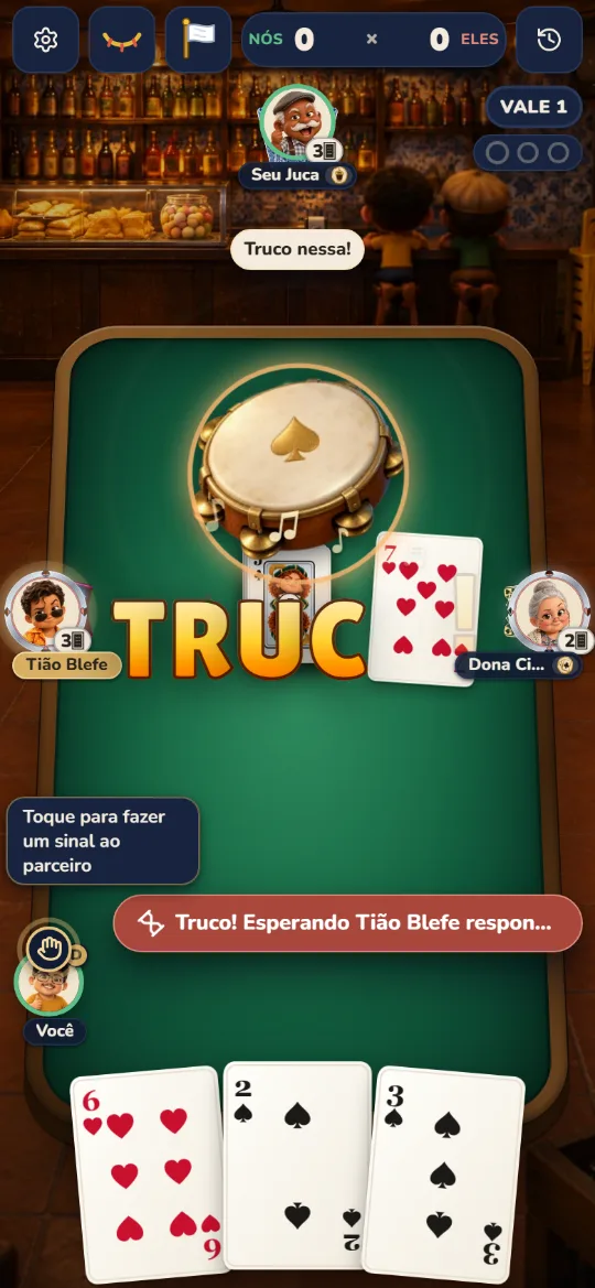Grito de truco na mesa, com o adversário decidindo se aceita